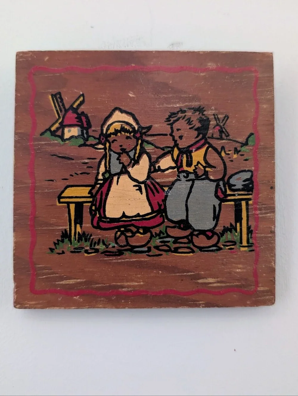 Vintage Traditional Dutch Children Wooden Wall Plaque Folk Art Cottagecore 4